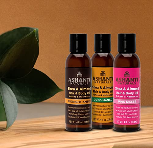 Ashanti Naturals Pure Shea & Sweet Almond Oil - 4 oz Moisturizing Body Oil with Midnight Amber Fragrance for Skin & Hair