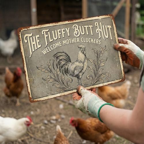 Funny Chicken Coop Decor Sign - The Fluffy Butt Hut - 8x12 Inch Metal