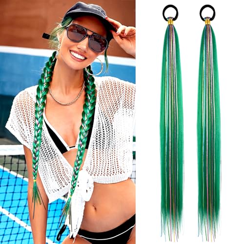 26 Inch Green Ponytail Extensions with Hair Tie - Pack of 2, Straight Wrap Around Synthetic Hair