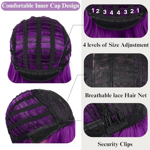 Cielo Hair 14 Inch Dark Purple Short Bob Wig with Bangs for Women & Girls