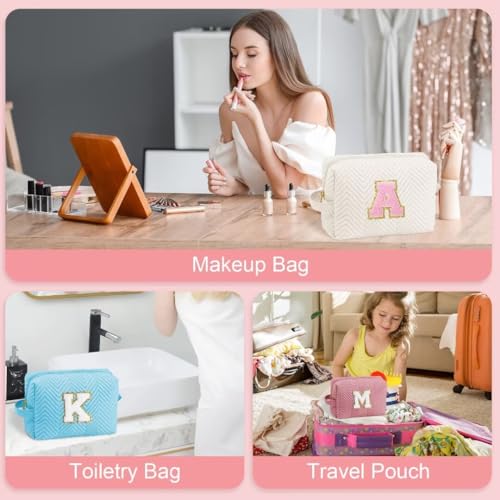 YOOLIFE White L Initial Makeup Bag for Girls - Personalized Gift, Travel Toiletry Organizer