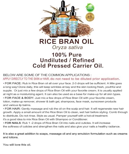 Botanical Beauty Rice Bran Oil 100% Pure 1 Fl Oz - Cold Pressed Carrier Oil for Skin, Hair & Massage