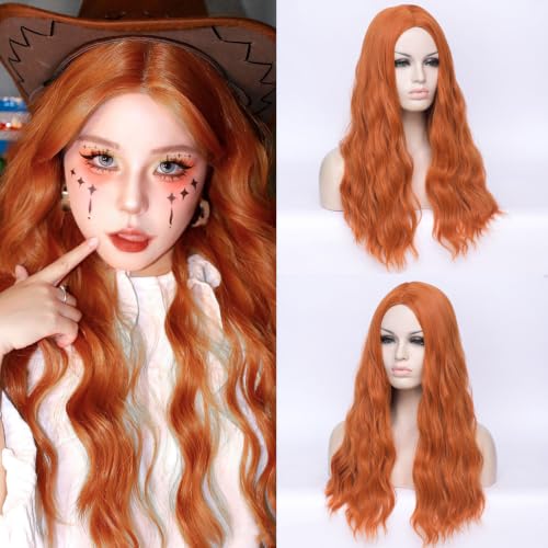 DWMGLP 24-Inch Orange Curly Wavy Wig for Women, Heat-Resistant Synthetic Cosplay & Party