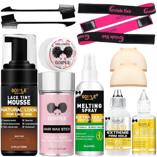 Lace Tint Melting Mousse for Wigs, Toupees, and Hairpieces - Natural Finishing Color and Glue Tool Set (Dark Brown)