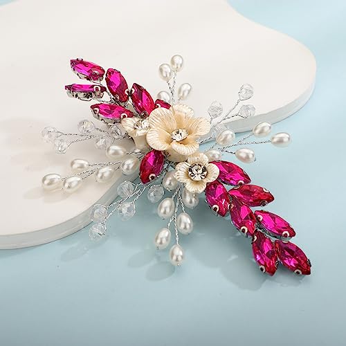 Xerling Rose Red Rhinestone Flower Hair Barrettes Clip Bridal Pearl Headpiece