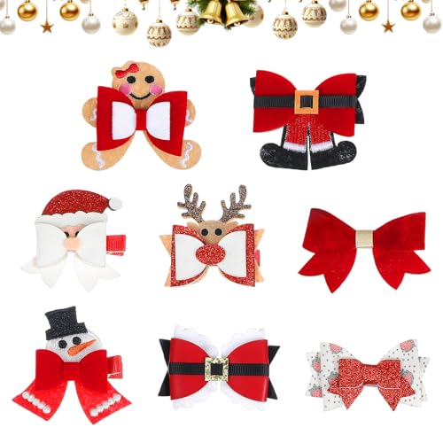 8 Pack Christmas Hair Clips with Festive Bows – Santa, Snowman & Reindeer Designs