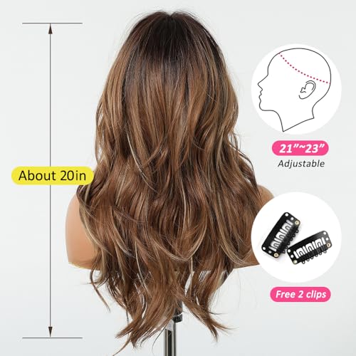 OUFEI Ombre Mixed Brown Wigs with Bangs - Natural Wavy Synthetic Hair for Women, Heat Resistant, Daily & Party Wear (Model 1261-1)