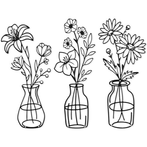 Metal Flower Wall Decor Set - 3 Pcs Wrought Iron Vases for Home
