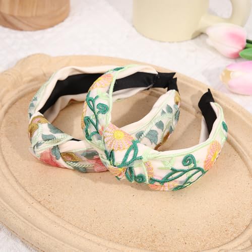 TURTLEDOVE Green Floral Embroidered Headband - Knotted Wide Hair Accessory