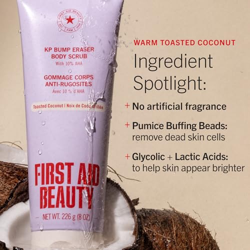 First Aid Beauty - KP Bump Eraser Body Scrub, Keratosis Pilaris Exfoliator with Glycolic and Lactic acids, Helps Reduce Chicken Skin Bumps, Safe for Sensitive Skin