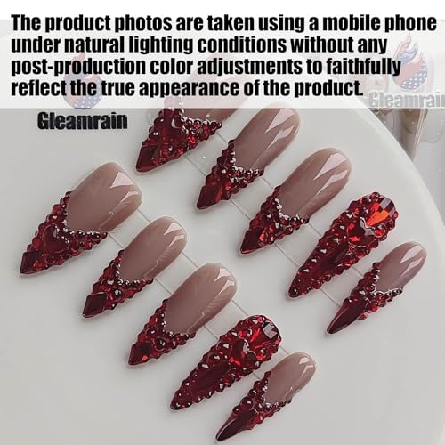 Gleamrain Handmade Stiletto Press on Nails - Burgundy French Tip & Rhinestones