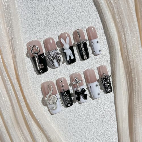 Y2K Kawaii Press-On Nails with Cross Bunny Charm - Size L