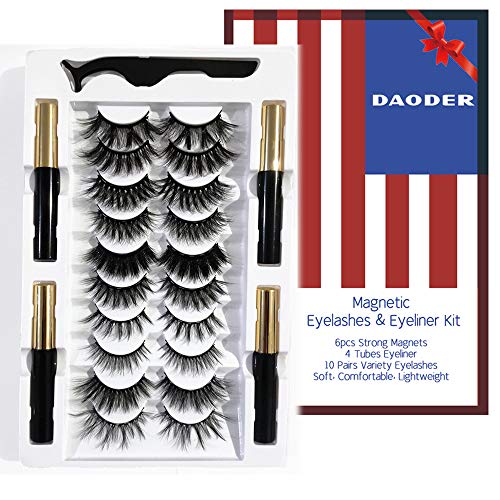 Magnetic Eyelashes Kit with 4 Eyeliner Tubes, Wispy 10-20mm Reusable False Lashes