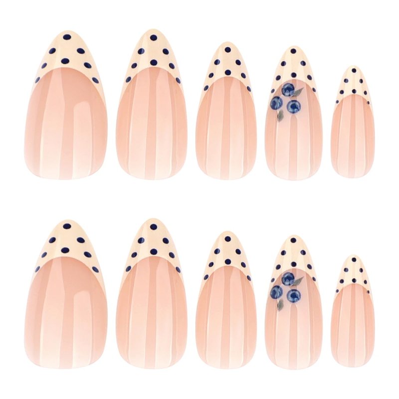 Almond Press on Nails Medium - Yellow French Tip Fake Nails with Polka Dots & Blueberry Design,Reusable Artificial Glue on Nails for Women Girls Spring Summer Manicure 24Pcs