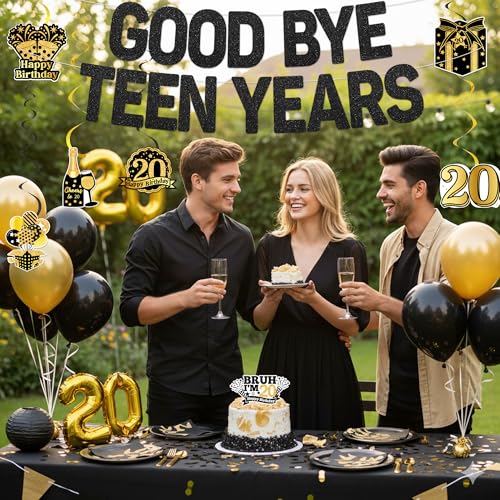 20th Birthday Banner Set - Black Gold Glitter Decorations for Him