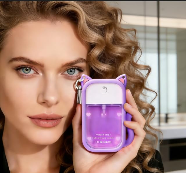 Purple Cat-Shaped Silicone Hand Sanitizer Case for Touchland 30ml with Charms & Keychain