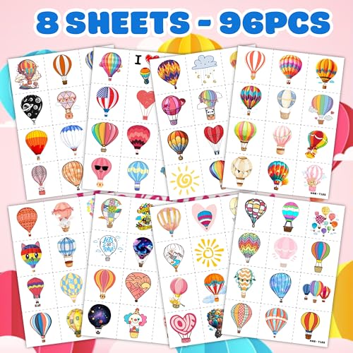 96-Pack Hot Air Balloon Temporary Tattoos for Kids – Pre-Cut Party Favors