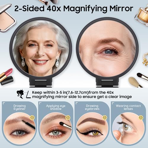 B Beauty Planet 40X Magnifying Mirror, Hand Mirror for Makeup, Double Sided with 40X/1X Magnification, Travel Essential, Portable Foldable for Desktop and Bathroom, Gift for Women, Frosted Black