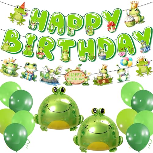 Frog Birthday Decorations Set - Happy Birthday Banner & Balloons