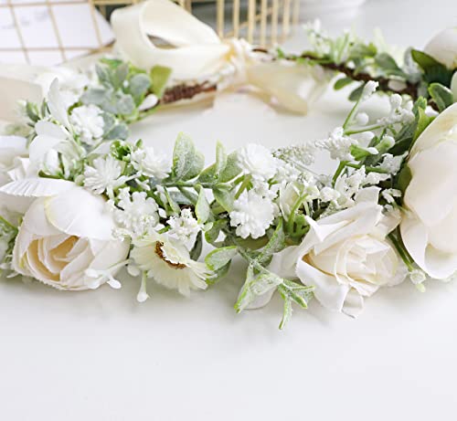 Women's White Floral Crown Headband - Adjustable Halo Headpiece F