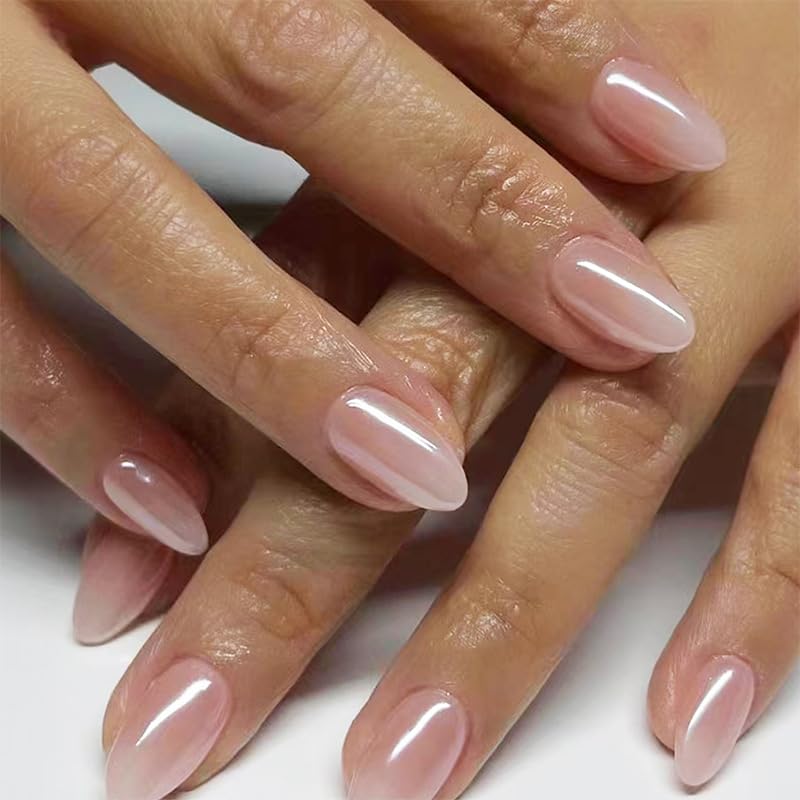 Chrome Nude Press On Nails - Short Almond Acrylic Jelly Ombre Design | Reusable Salon-Quality Stick-On Kit for Women