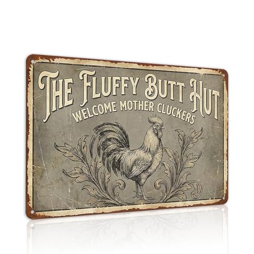 Funny Chicken Coop Decor Sign - The Fluffy Butt Hut - 8x12 Inch Metal
