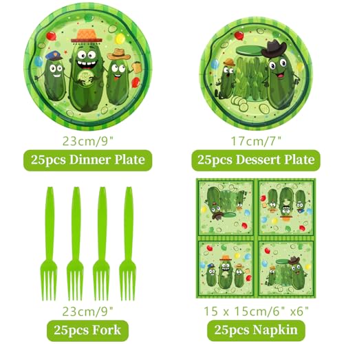 Pickle Party Supplies Kit - 25 Dinner Plates, Dessert Plates, Napkins & Forks