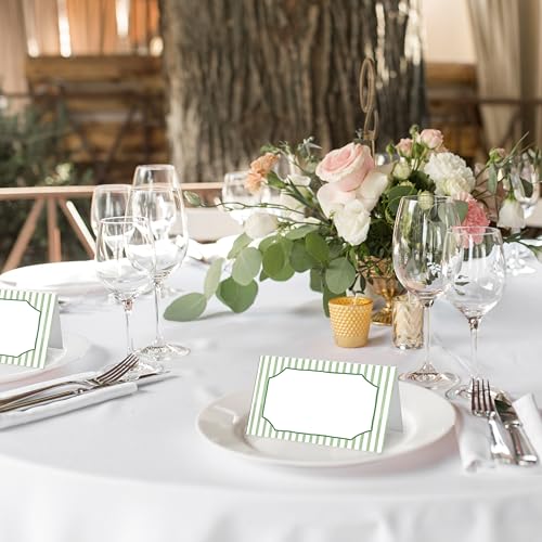 Green Striped Place Cards - 25 Pcs Watercolor Tent Cards for Events