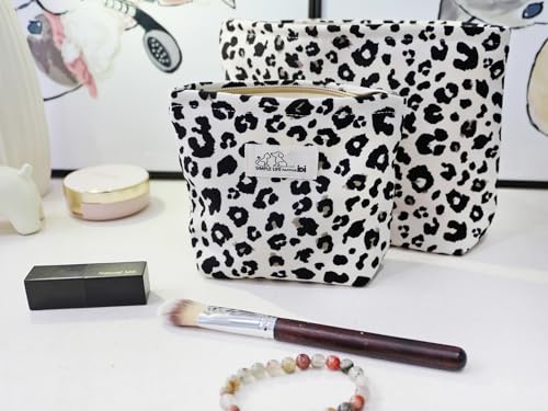 HAPPYHEIDI Large White Leopard Makeup Bag Set - 2 Travel Pouches