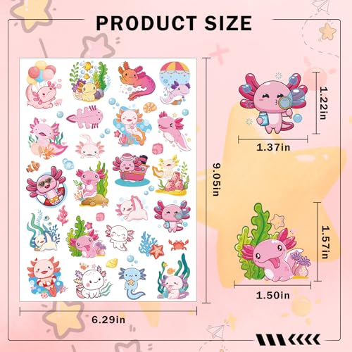 Cute Pink Axolotl Temporary Tattoos - 200 Stickers for Kids