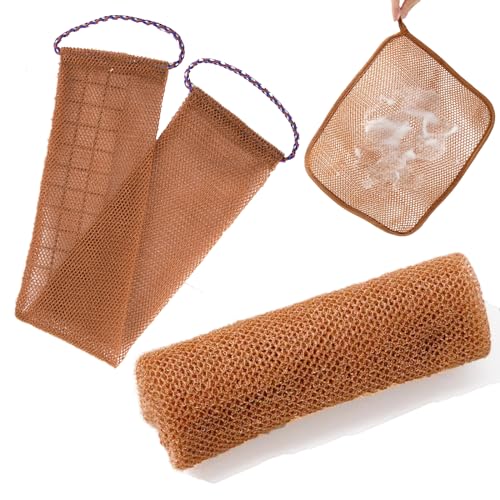 Vottcker 3-Piece African Net Sponge Bath Set Brown – Exfoliating Mesh Washcloths for Face, Back & Body