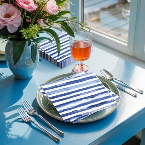 50 Pcs Navy Blue and White Stripe Disposable Paper Napkins
