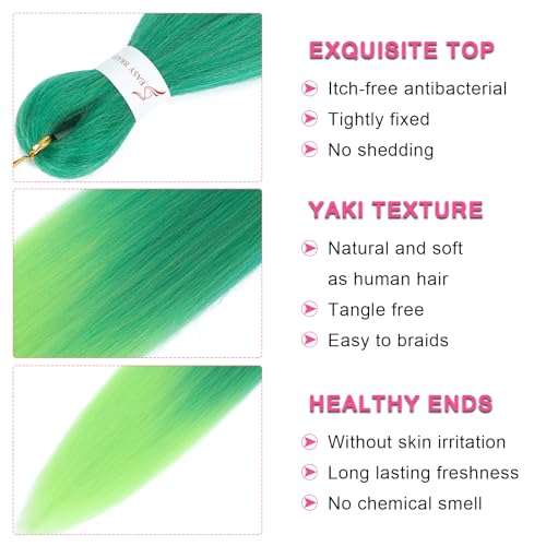 Msloosily 20 Inch Pre-Stretched Ombre Green Braiding Hair 3 Packs, Soft Yaki Texture, Itch-Free, Hot Water Extensions