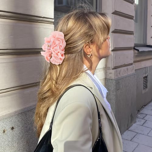 Large Chiffon Rose Flower Claw Clips - 4 Pack Pleated Hair Barrettes