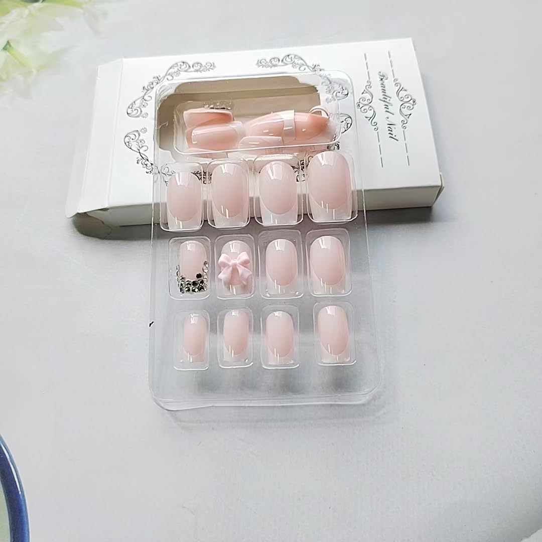 White French Tip Press-On Nails - 24 Pcs Medium Coffin Design with Bow Charms & Rhinestones | Pink Acrylic Full Cover