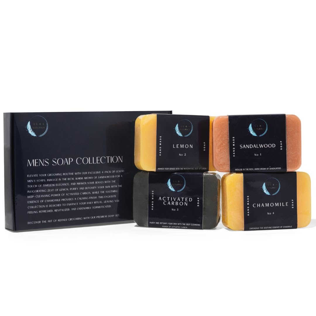 Aura Naturals Mens Bar Soap Pack of 4 - Sandalwood, Lemon, Activated Carbon & Chamomile Scented Natural Soap for Men - 5.3oz Bar - Exfoliating Soaps for Men Body, Hand, Face - Male Soaps Gift Set