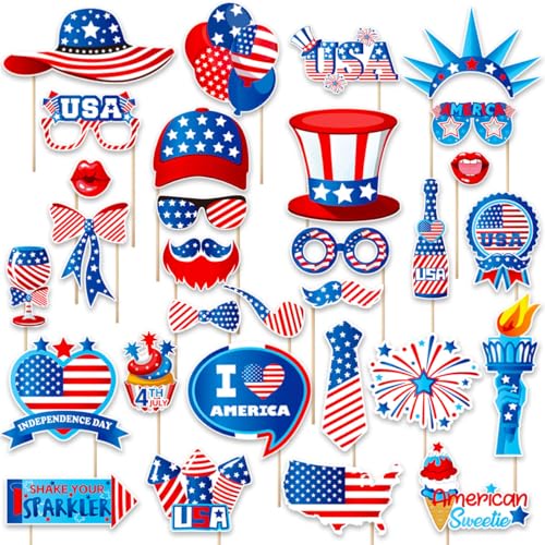 4th of July Photo Booth Props - Independence Day Decorations (25CT)