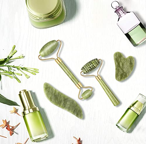 Charmonic 4-Piece Natural Jade Roller and Gua Sha Facial Massage Set