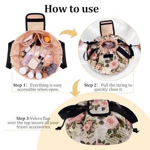 TAPMEI Large Lay-Flat Drawstring Makeup Bag - Waterproof Travel Organizer