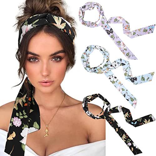 AWAYTR Women's Twist Knotted Chiffon Head Wraps - 3PCS Non-Slip Hairbands for Thick Hair - Light Blue, Light Purple, Black