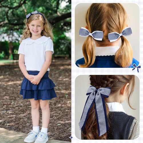 DEEKA 13-Piece Navy Blue Gingham School Hair Accessories Set for Girls