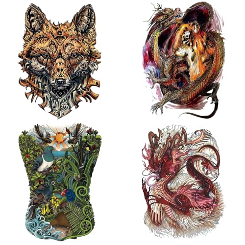 CARGEN Full Back Temporary Tattoos - 4 Sheets Dragon Tiger Leopard Rainforest Body Art Stickers for Men Women