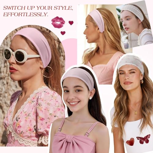 Pink Fabric Headband Set for Women - Non-Slip Floral Hairbands