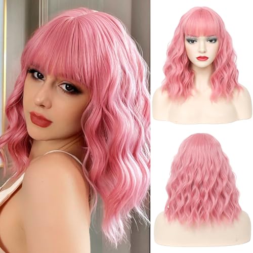 CLIONE Pink Bob Wig with Bangs - Short Wavy Synthetic Hair 14”