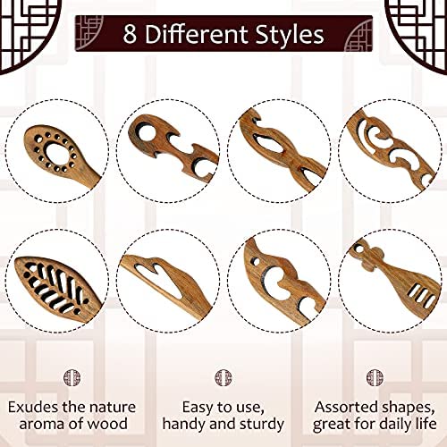 8 Pcs Handmade Sandalwood Hair Sticks - Vintage Chinese Style Hairpins