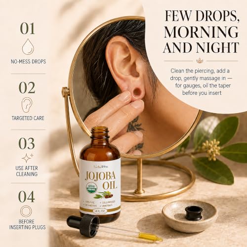 BodyJ4You Organic Jojoba Oil for Piercing & Ear Stretching 4 Fl Oz