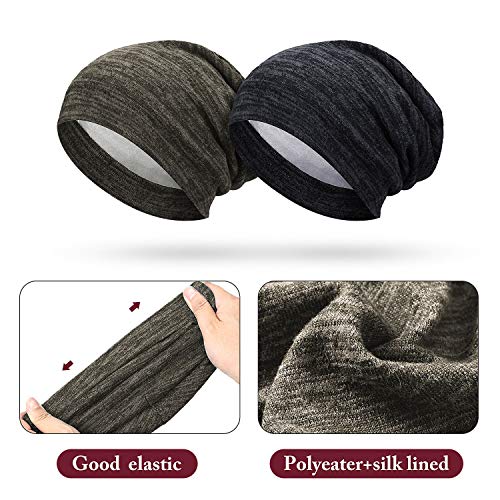 Satin Lined Sleep Cap Set of 4 - Black, Army Green, Wine Red, Gray | Soft Slouchy Bonnets for Hair Care