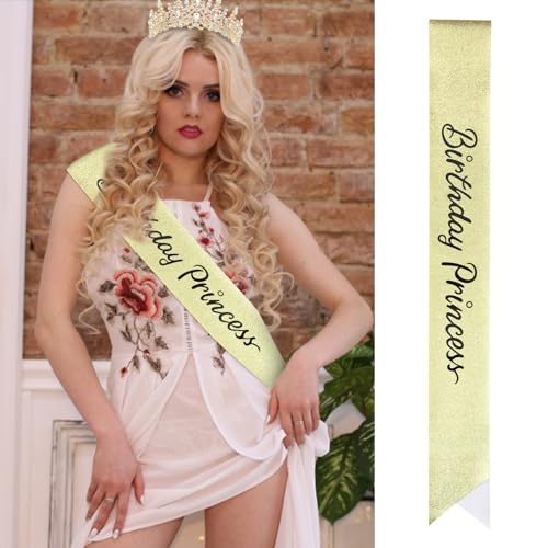 Gold Princess Crown and Glitter Sash for Birthday Party Decorations - Women & Kids