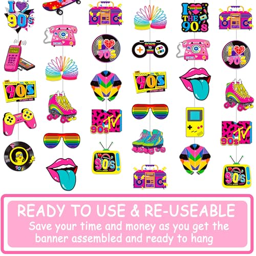 90s Party Hanging Decorations - 8 Retro Garlands for Themed Events