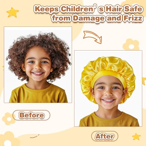 PIEMEET 3-Pack Kids Satin Sleep Bonnet, 11-Inch Adjustable Hair Care Cap
